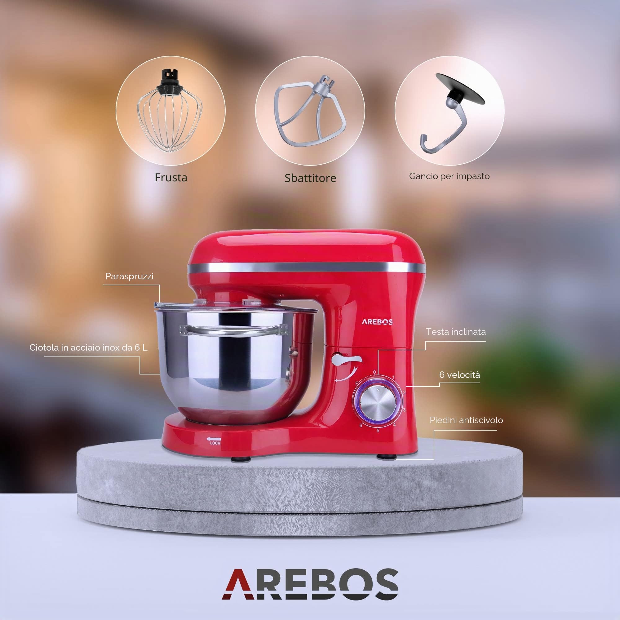 Arebos Impastatrice Robot da Cucina 1500W | Rosso | Mixer Cucina 6L | Basso Rumore | Multifunzione Impastatore Planetario Professionale con Ganci, Frullare | 6 Velocità con Impulso Regolabile