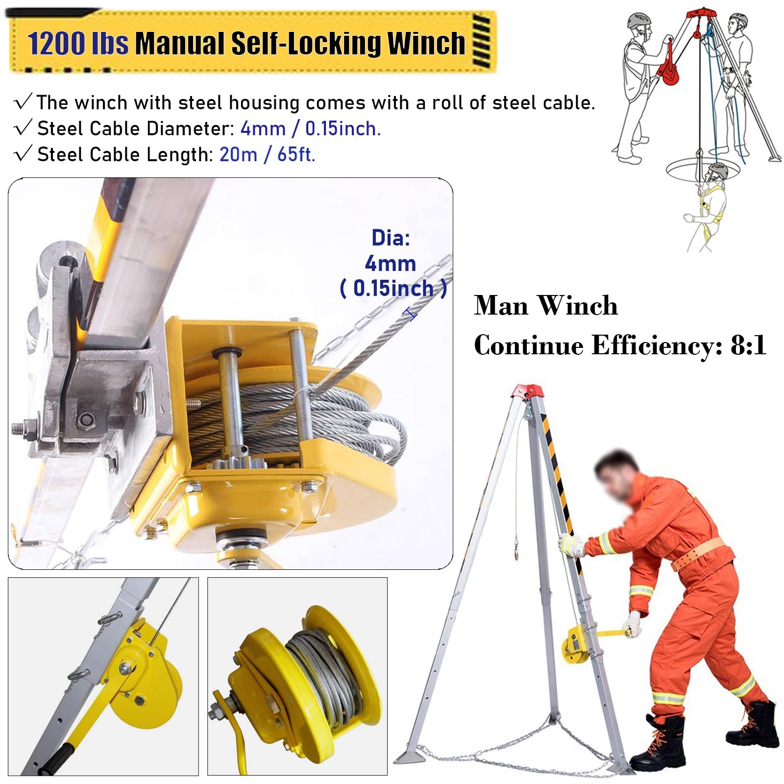 Kit trépied réglable pour espaces confinés - Antichute rétractable de 98 pi, treuil autobloquant, harnais de sécurité complet pour le sauvetage et la construction en tunnel profond, équipeme
