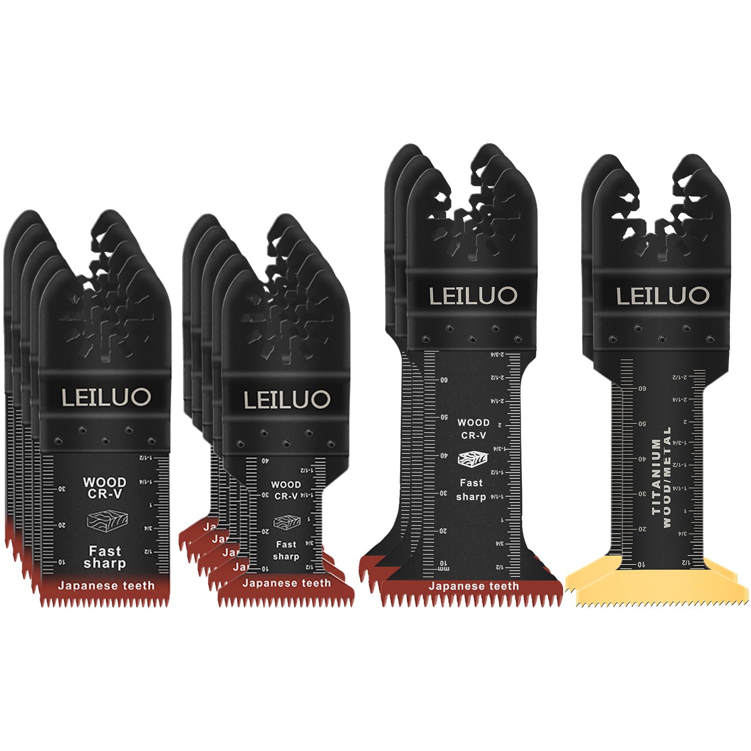 LEILUO 15 Pcs Oscillating Tool Blades Set Japanese Tooth & 70mm Extra Long Titanium Multitool Blades Fast Cut Oscillating Saw Blade for Wood & Metal Compatible with DeWalt Makita Milwaukee and More