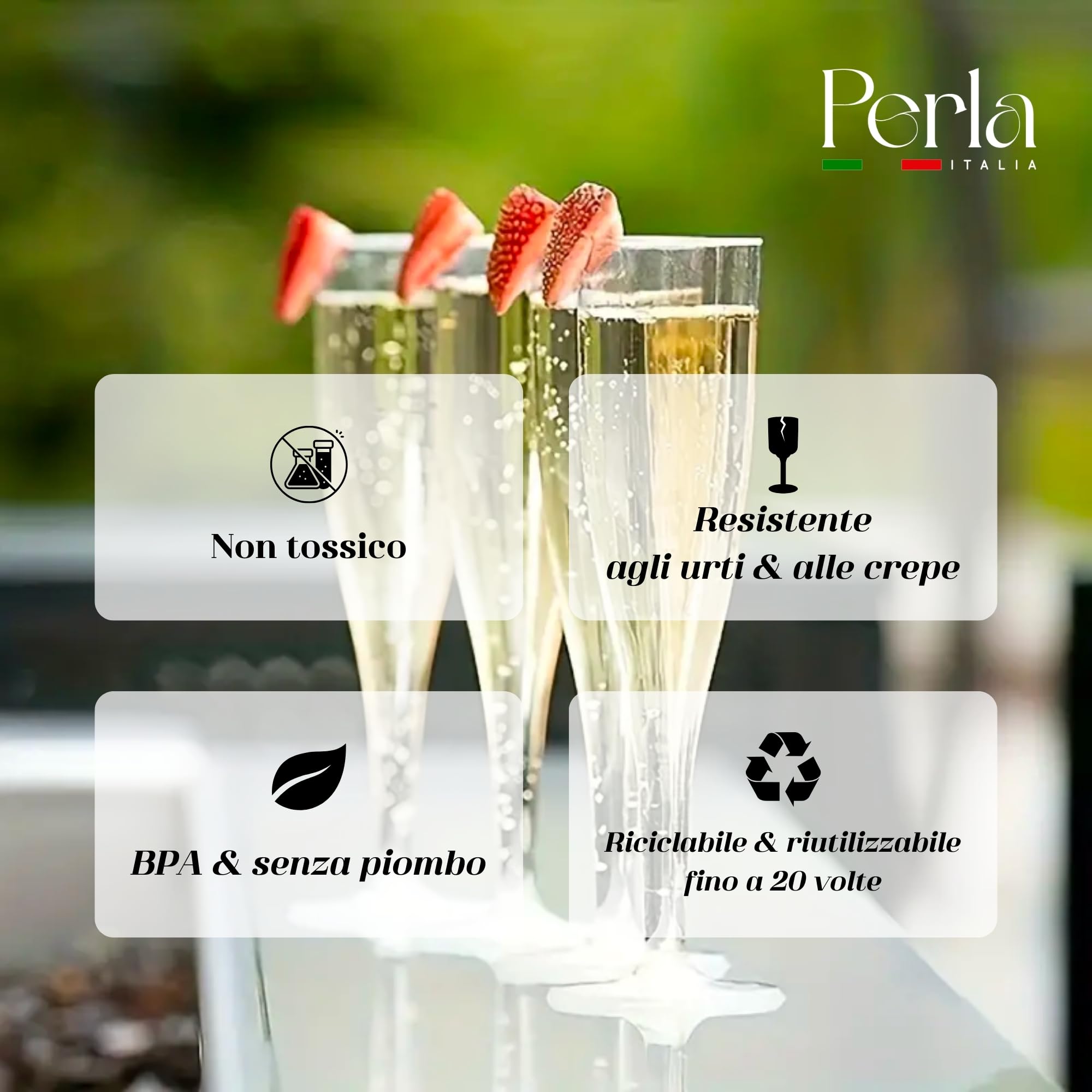 Perla - 144 Flute da Champagne Eleganti in Plastica - 120ml - Calici Trasparenti - Resistenti e Riutilizzabili - Bicchieri da Brindisi per Feste Compleanni Matrimoni Natale Capodanno