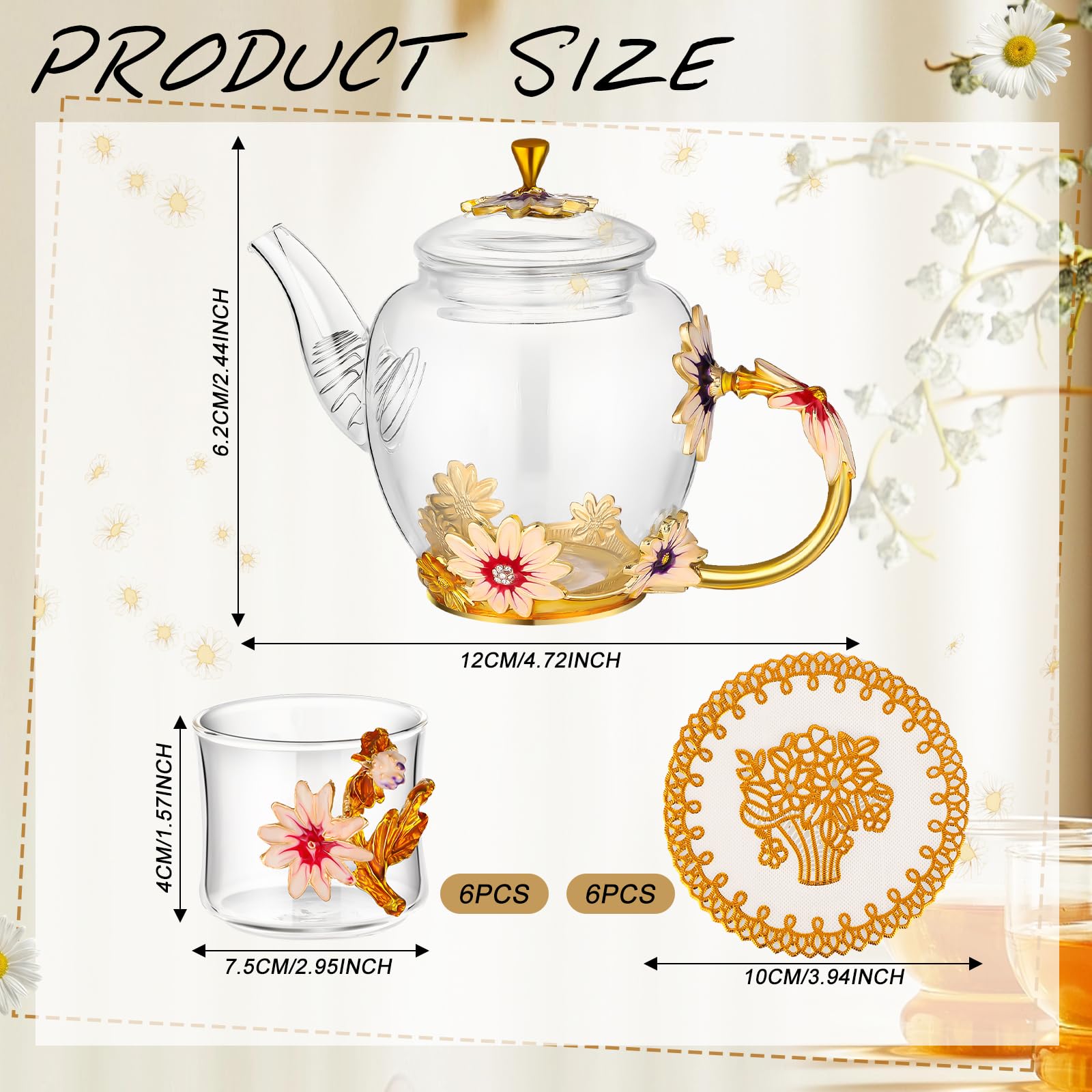 7-teiliges Teeset mit Blumenmotiv für Frauen, Vintage-Blumen-Teekannen-Set mit Geschenk-Box, Glas-Teekessel-Set, Glas-Teekanne, ausgefallene Teetasse, Blumen-Glastasse mit Untersetzern für
