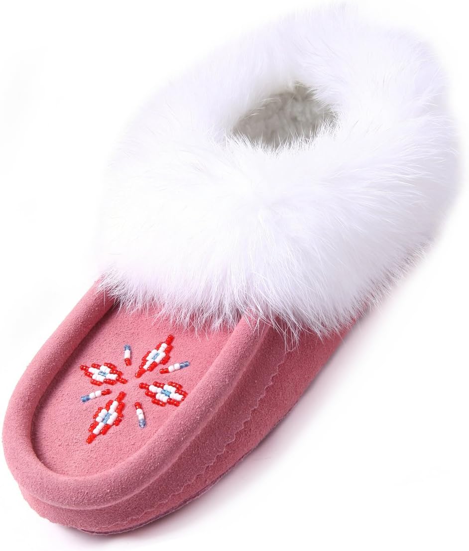 Women Moccasins Indoor Slippers of Soft Sole Fleece Lined Rabbit Fur Trim