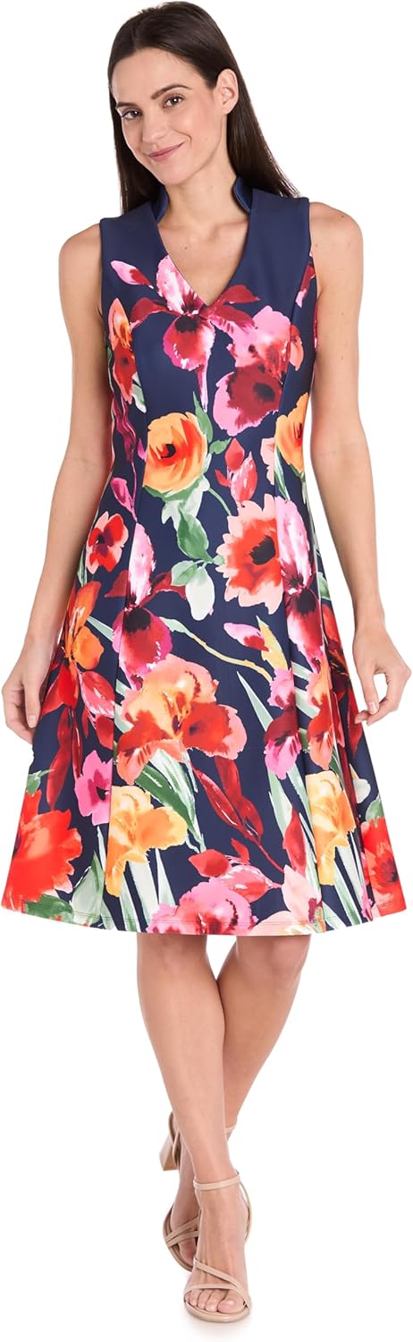 R&M Richards Women's Floral Fit & Flare Dress W/Collar - Sleeveless Sprong & Summer Daytime Style