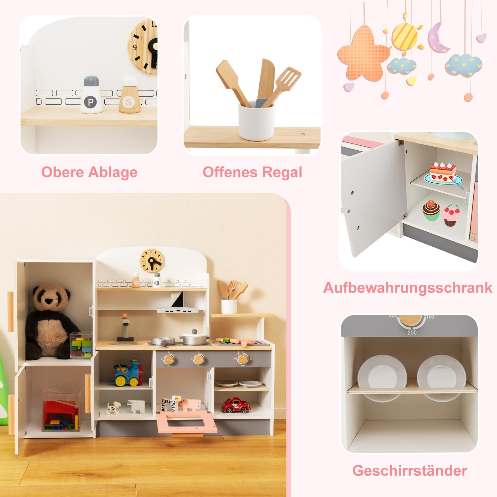 COSTWAY Kinderküche Holz, Spielküche mit Dustabzughaube, Kühlschrank, Wasserhahn & Küchenutensilien, Holzküche Spielzeugküche mit Stauraum für Kinder ab 3 Jahren