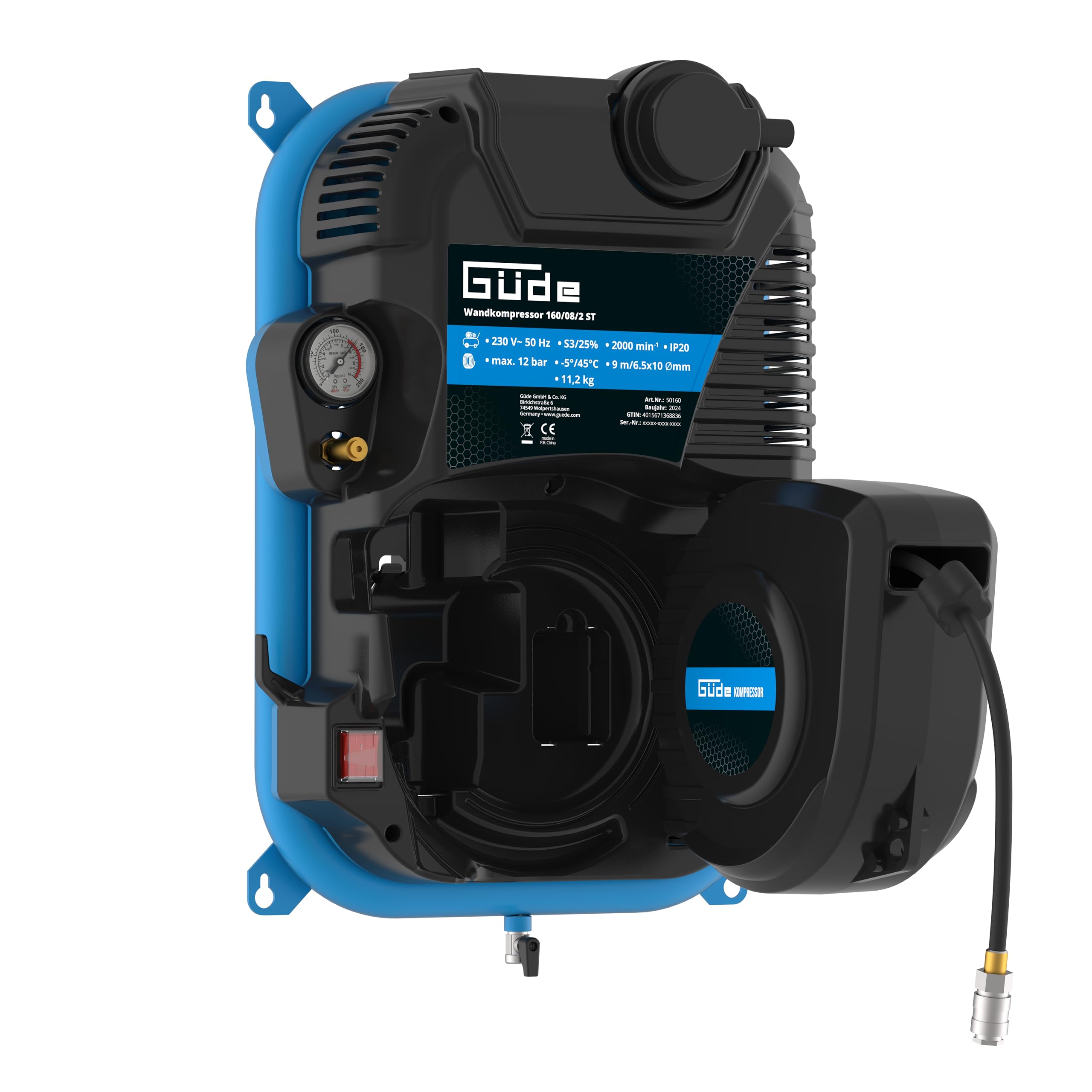 Güde Compressore da parete 160/08/2 ST 1100 W 230 V 8 bar 90 l/min montaggio a parete avvolgitubo automatico
