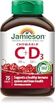 Jamieson Chewable Vitamin C 500 mg with D 500 IU Tart Morello Cherry Flavour, Family Friendly (4+), Supports Immune Health, Strong Teeth and Bones. Vegetarian, Gluten-Free, No Artificial Flavours or Colours, 75 Count, Proudly Canadian