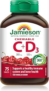 Jamieson Gummies Vitamine C à Mâcher 500 mg avec D 500 UI Saveur Cerise Morello Acidulée, Amical pour la Famille (4+), Soutient la Santé Immunitaire, Dents et Os Forts. Végétarien, Sans Gluten, Sans Saveurs ou Couleurs Artificielles, 75 Compte, Fièrement Canadien