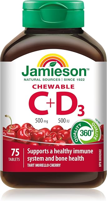 Jamieson Chewable Vitamin C 500 mg with D 500 IU Tart Morello Cherry Flavour, Family Friendly (4+), Supports Immune Health, Strong Teeth and Bones. Vegetarian, Gluten-Free, No Artificial Flavours or Colours, 75 Count, Proudly Canadian