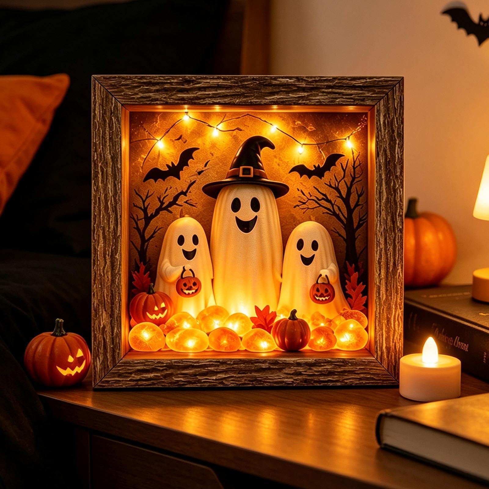 Scatola dei ricordi fai da te per Halloween, fatta a mano, decorazione rustica per Halloween | Cornice fantasma illuminata con pietra di vetro marino per interni: caminetto, scrivania, esposizione per feste