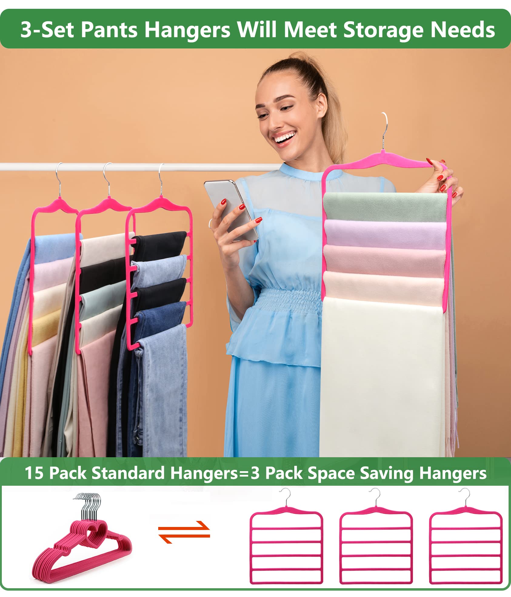 Hosenbügel aus Samt, platzsparende Schrank-Organizer, rutschfeste Jeans-Kleiderbügel für Hosen und Schals, 3 Stück