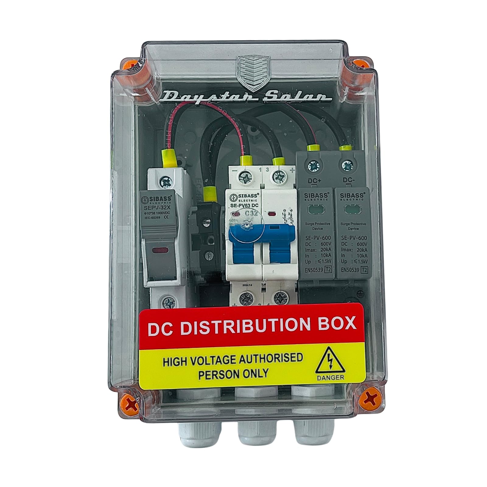 DCDB 1-in-1-out DC Distribution Box with DC Sibass 600V SPD, Sibass 32A MCB 2-pole 800V, Sibass 30A Fuse (1 Series/String x up to 10-12 Panels Max)