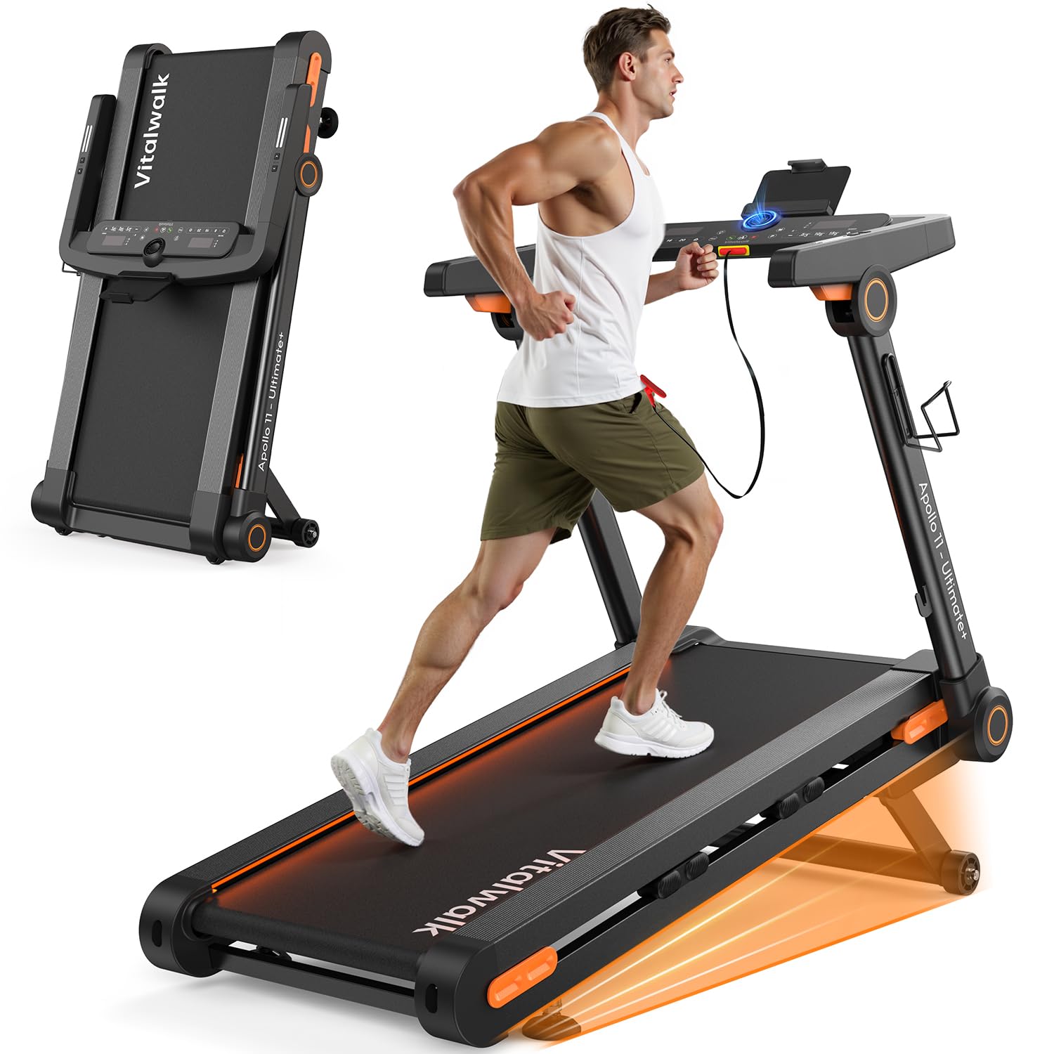 vitalwalk foldable treadmill with auto incline, commercial 49"x18" wide running belt, 10mph, 3.5hp brushless, walking pad treadmill for home, auto folding, no installation, 350lbs capacity, app