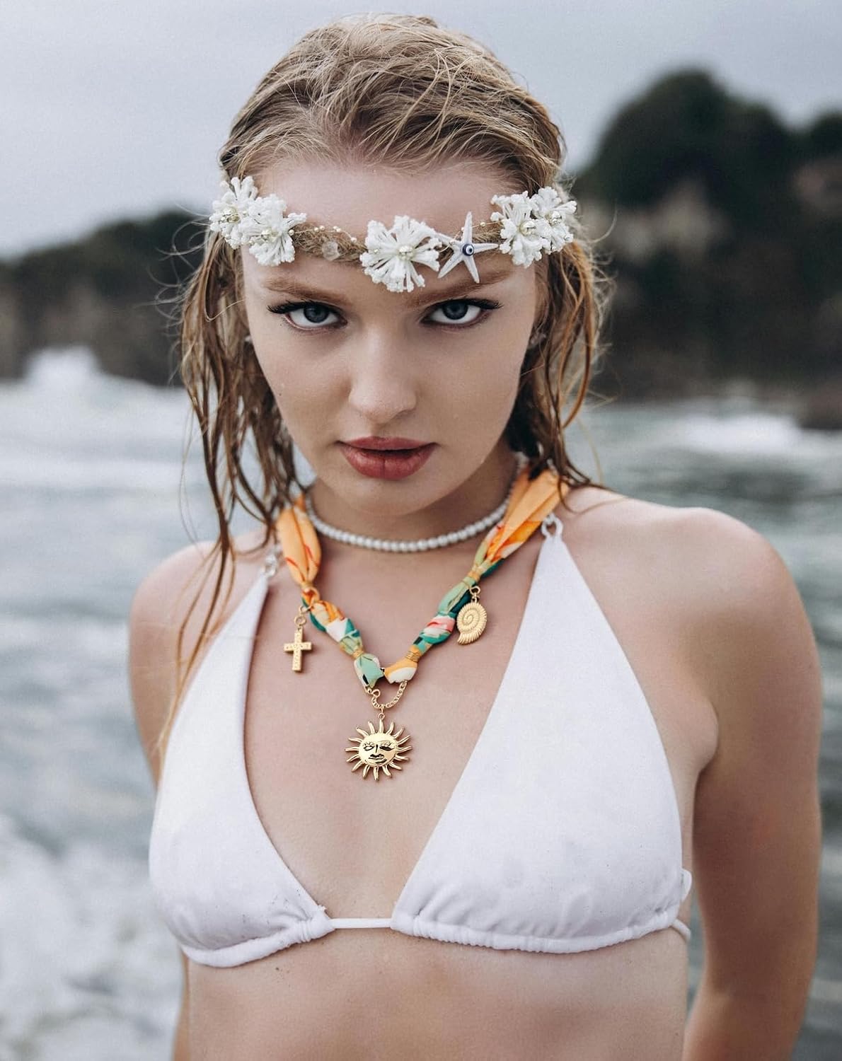 Bandana Charm Necklace for Women-Dainty Gold Carabiner Beach Charm Necklace Sun Conch Cross Pendant Scarf Necklaces,Fabric Statement Jewelry, Bandana Boho Chic Jewelry - Image 2