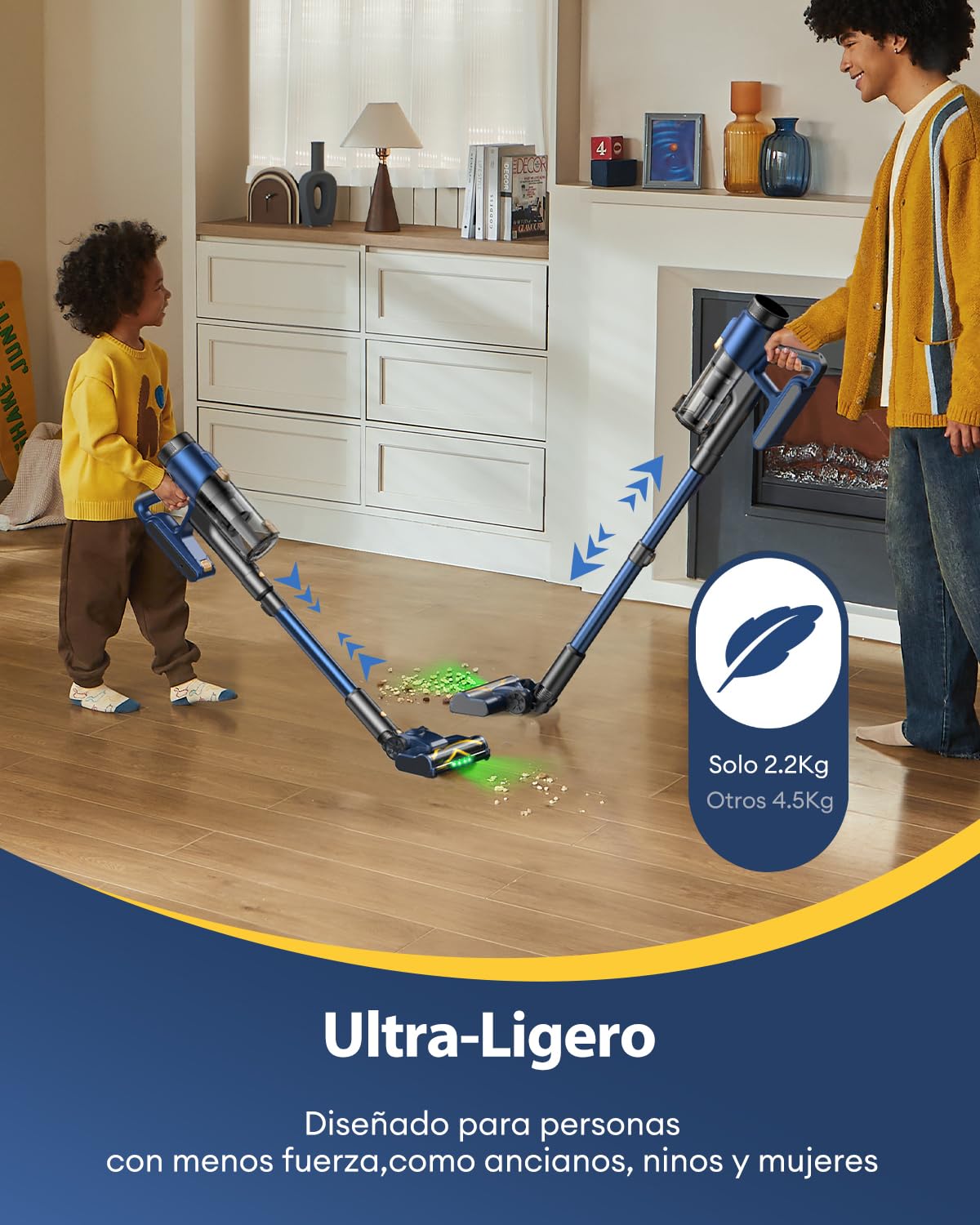 CHEFREE Aspirador sin Cable Anti-Enredo 48Kpa, 50min, Luz Verde Delantera, 2.2KG ErgoLite™ para Articulaciones, Filtro H11 para Alergias, Ideal para Suelo Duro, Alfombras y Mascotas (Azul)