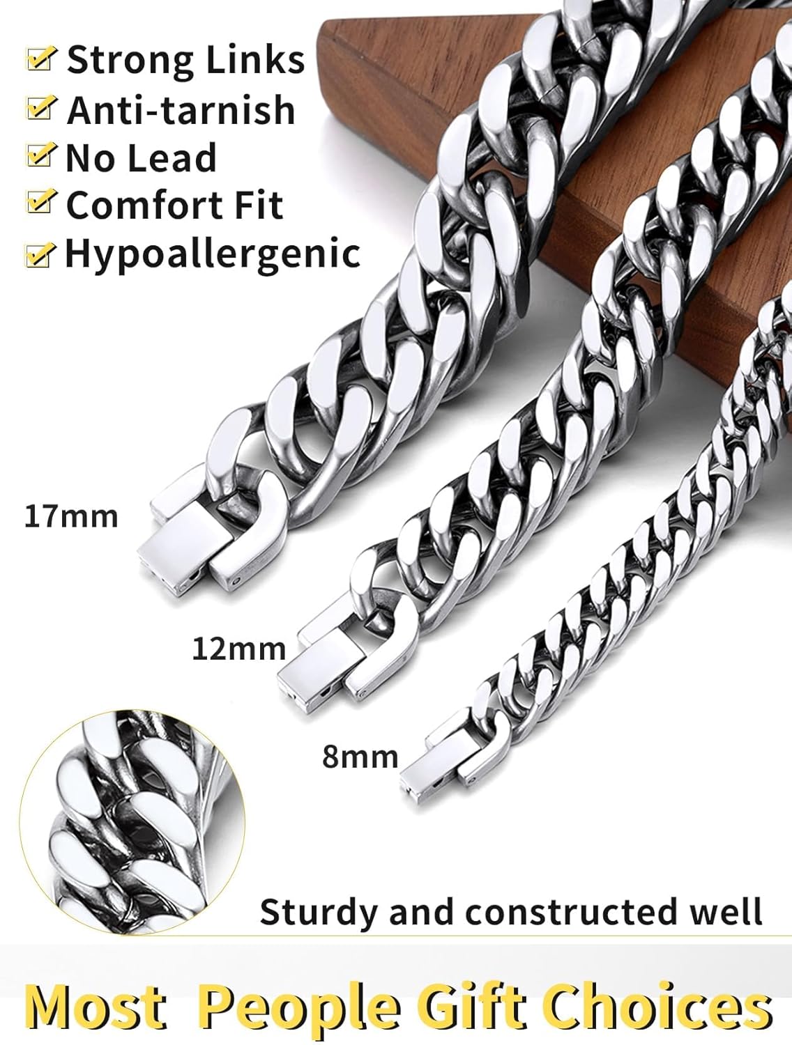 ChainsHouse Stainless Steel Cuban Link Bracelet, 8mm/12mm/17mm Width, 7.5"/8.3"/9", 18K Gold Plated Chain Wrist Bracelets for Men Women, Send Gift Box - Image 4