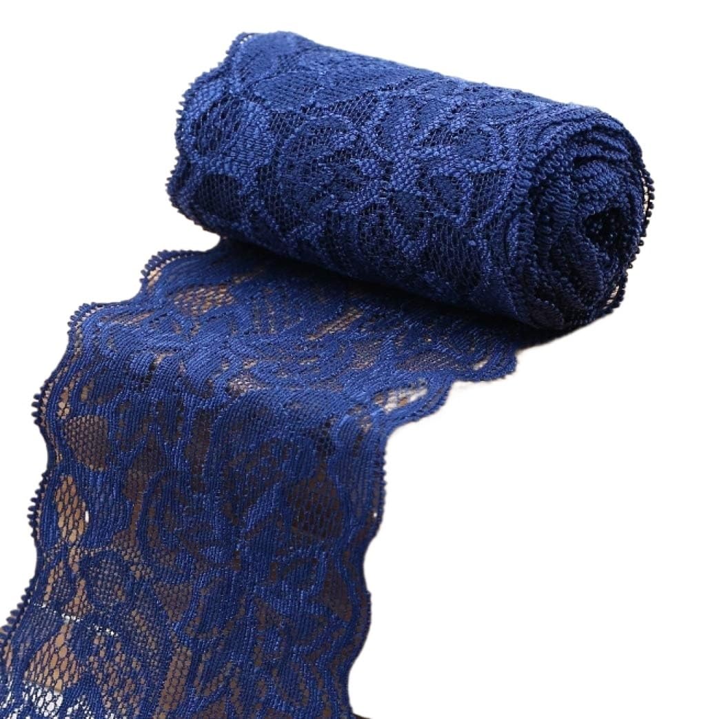 Cinta elástica con estampado Floral de LICRA con adorno de encaje de 8cm for envolver lazos for el pelo de boda(Navy Blue)