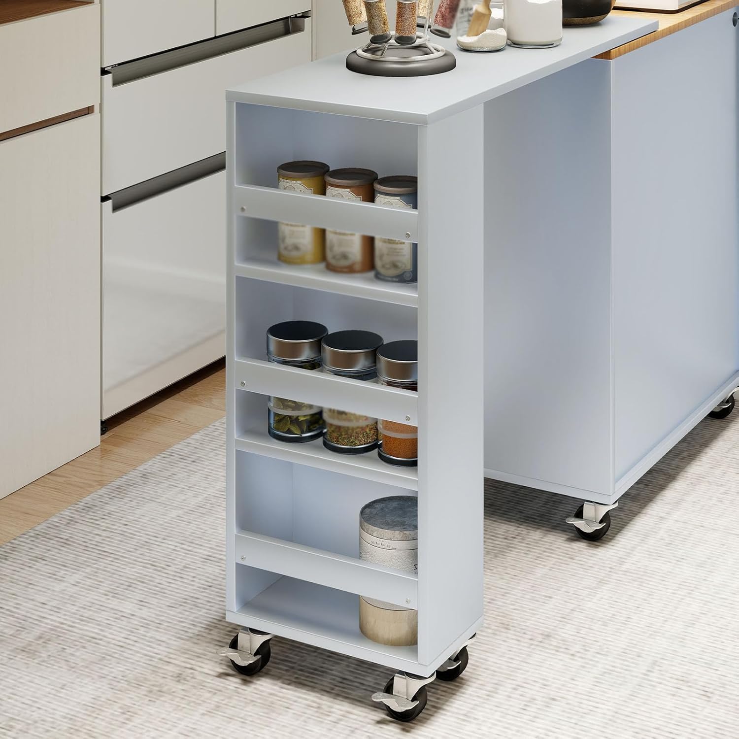 Movable Kitchen Island with Power Outlet & LED Lights - Kitchen Island Carts with Storage Cabinets, 8 Wheels Lockable, USB Charging Station, Expandable Tabletop for Farmhouse Kitchen (Blue)