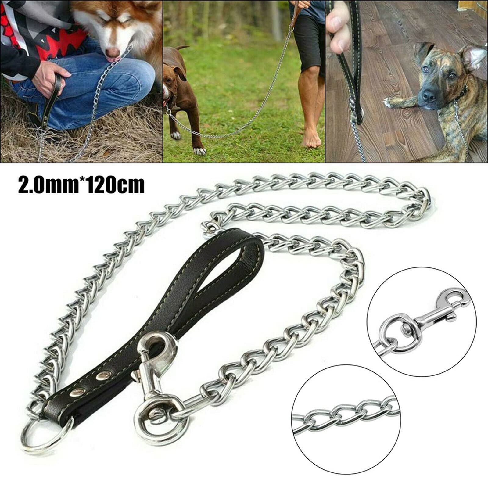 Correa retráctil para perros Cadena de metal resistente Correa para perros con mango de cuero Correa de control larga y fuerte Cuerda de tracción para mascotas al aire libre Cadena antimordida (Colo