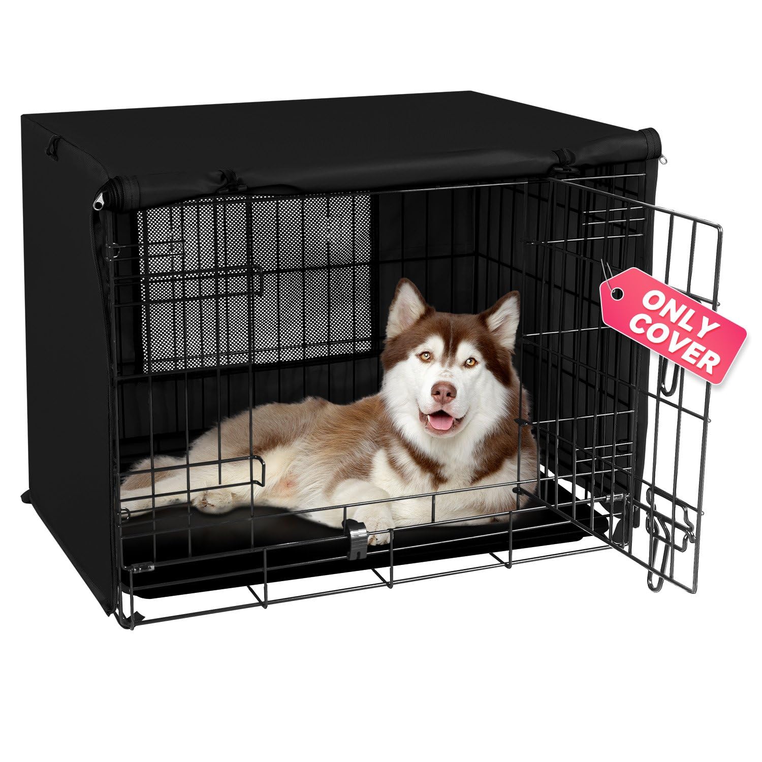 Seiyierr 48 Inche Dog Crate Cover, Double Door Dog Kennel Cover for Large Wire Dog Crate, Lightweight 600D Polyester Windproof Pet Crate Covers, Cover Only, Black
