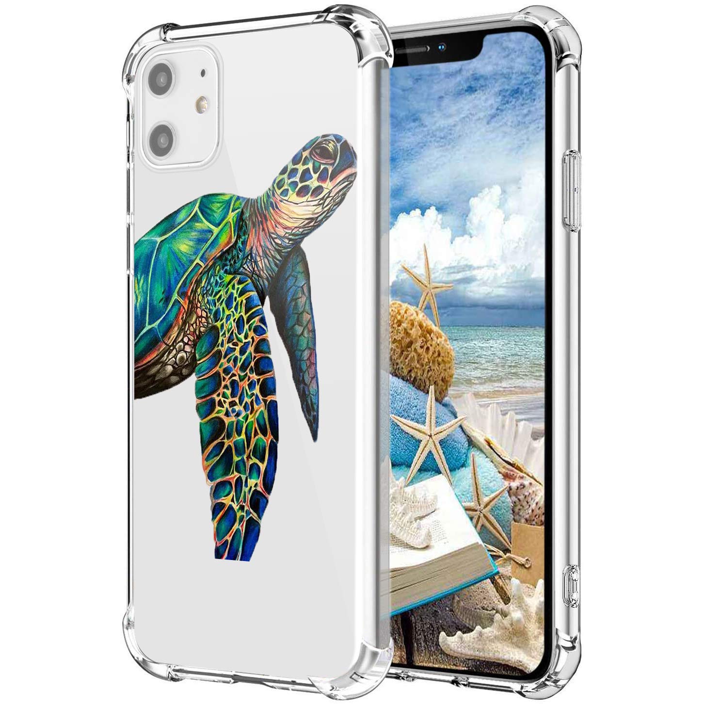 MAYCARI Multicoloured Turtle Case Clear for iPhone 11, Art Animals Design Transparent Shockproof Anti-Scratch Soft Flexible TPU Cover with Air Cushion for Men&Women
