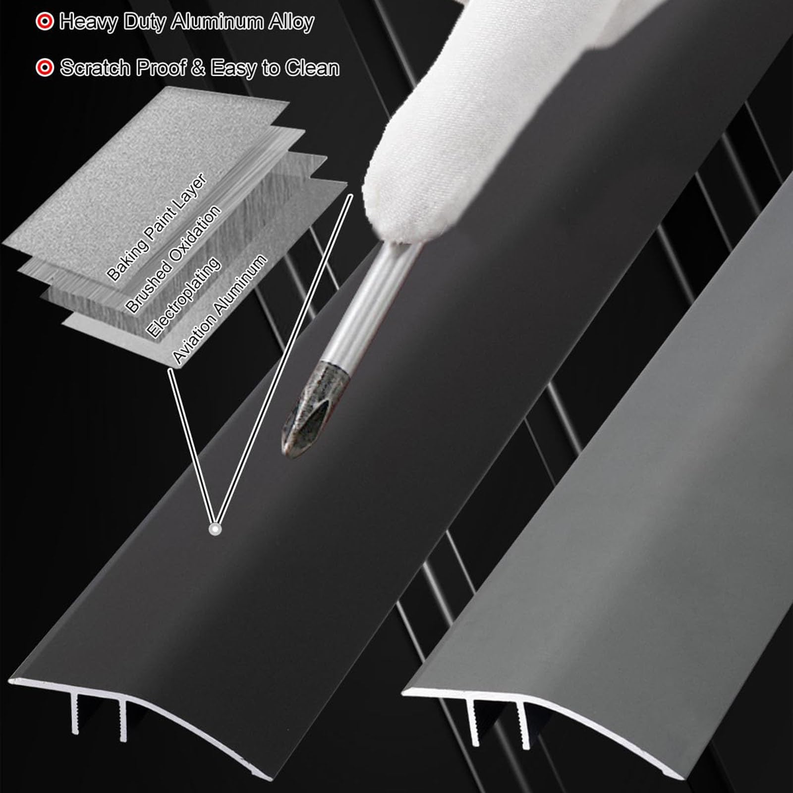 Aluminiowa listwa progowa do podłogi z drewna do płytek, samoprzylepna listwa do drzwi podłogowych z laminatu, listwa drzwiowa listwa do separacji krawędzi, profil ransition (kolor: czarny, rozmiar:
