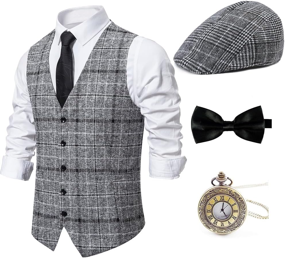 - 1920s Mens Costume Gatsby Gangster Vest Fedora Hat Suspenders Bow Tie Costume Accessories Set