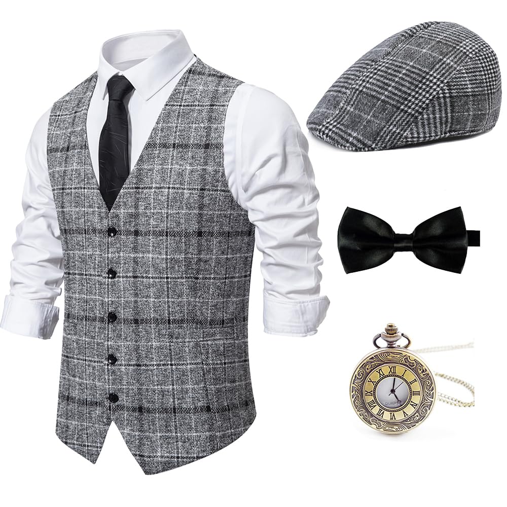 1920s Mens Costume Gatsby Gangster Vest Fedora Hat Suspenders Bow Tie Costume Accessories Set