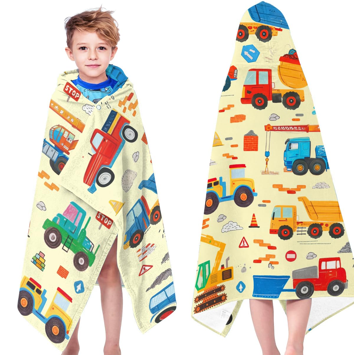 HEIFAM Beach Towel for Boys, Engineering Vehicles Beach Towel, Hooded Bath Towel, Girls Boys Pool Towels for Bath Bathroom Swim, Summer Gift,