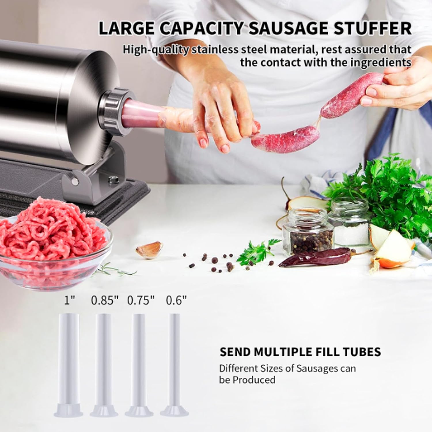 Sausage Stuffer Manual Sausage Meat Filler Compact Stainless Steel Manual Meat Filling Machine for Home Kitchen Commercial Use (L)