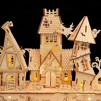 Amazon | 3D木製ハロウィンお化け屋敷パズル、暗闇で光る木製の