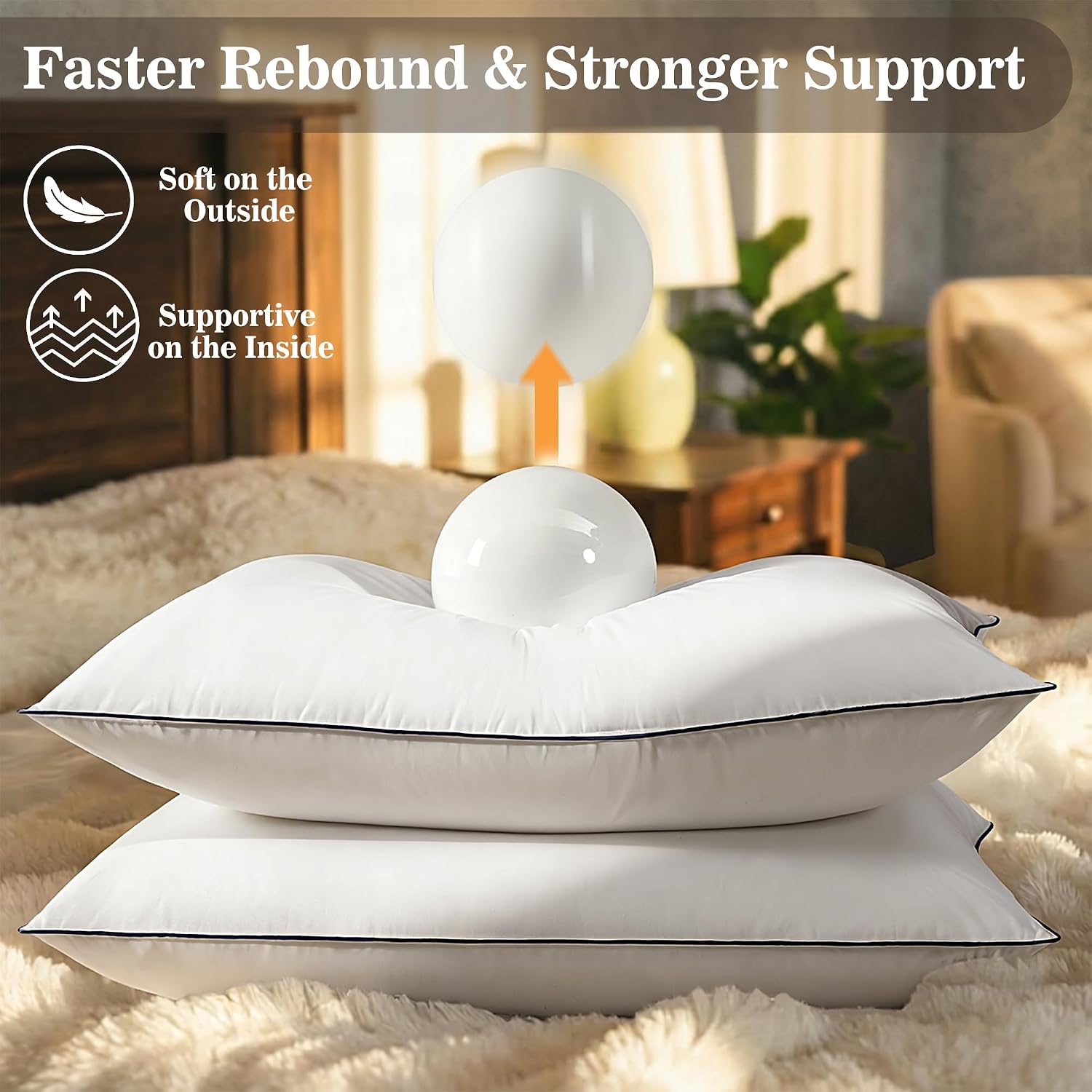 Luxury Hotel Goose Feather Down Fiber Pillows Queen Size Set of 2, Fluffy Medium Support Bed Pillows for Sleeping, 3-Layer Design with 400TC Cotton Cover, Down-Proof for Side & Back Sleepers