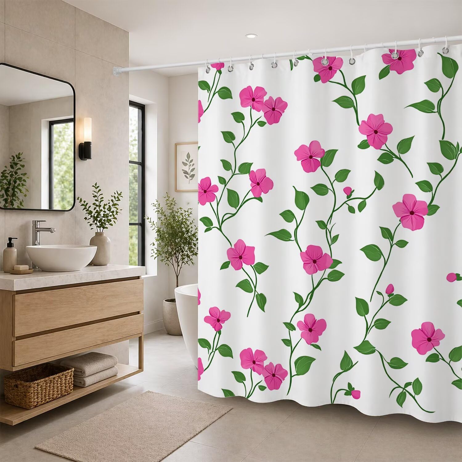 Rideau de douche textile imprimé fleur 200x200 cm avec 12 crochets T-X66