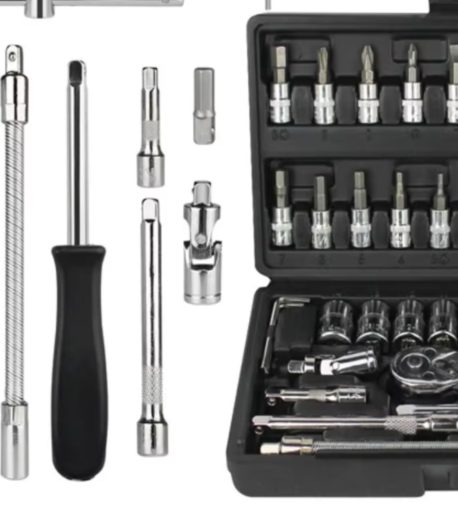 Maletín herramientas multiusos Kit Herramientas Reparación Automóviles Juego Enchufes 1/4 Pulgadas Reparación Automóviles Llave Dinamométrica Trinquete Conjunto Automática Mecánica 46 Uds.