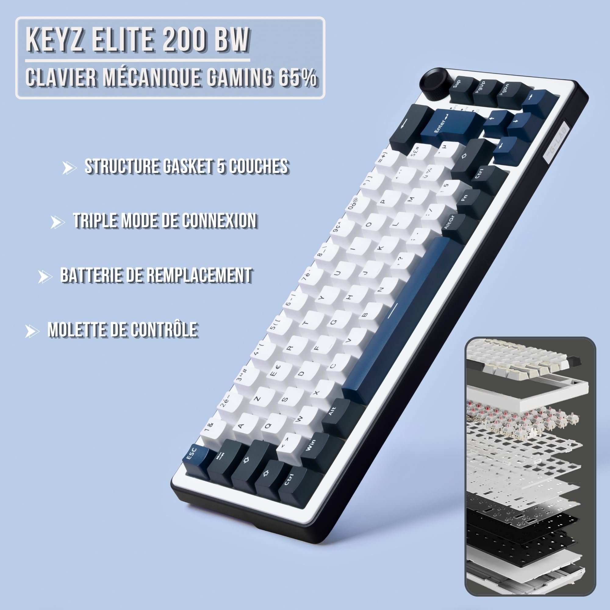 The G-Lab Keyz Elite 200 BW - Tastiera Gamer senza fili meccanica | Formato 65%, Interruttore Hot Swap Prelubrificato, 100% Custom, AZERTY FR