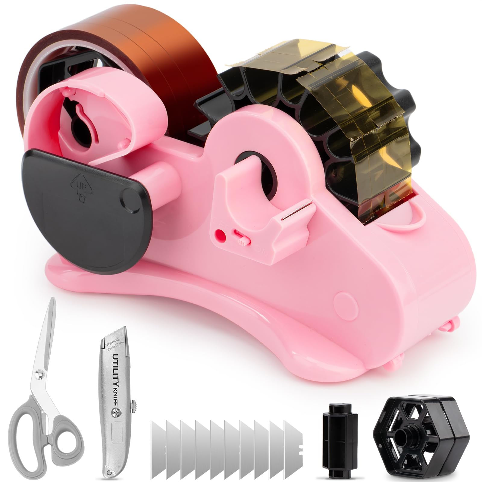 THINKLEARN Heat Tape Dispenser - Sublimation Heat Transfer Tape Dispenser with Scissors and Utility Knife, 1 '' & 3'' Core, Multi-Roll Pre-Cut Tape Dispenser, PreCut 1.4'' Pieces, Light Pink