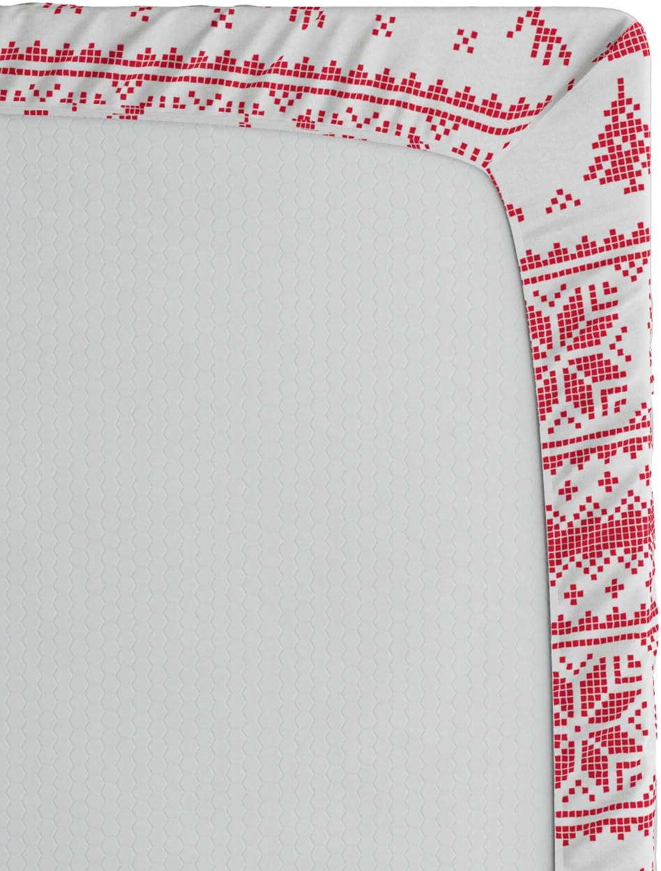 Ambesonne Nordic Fitted Sheet, Winter Christmas Ornamental Illustration with Snowflakes Reindeers Animal Pattern, Bed Cover with All-Round Elastic Deep Pocket for Comfort, Queen Size, Coral White