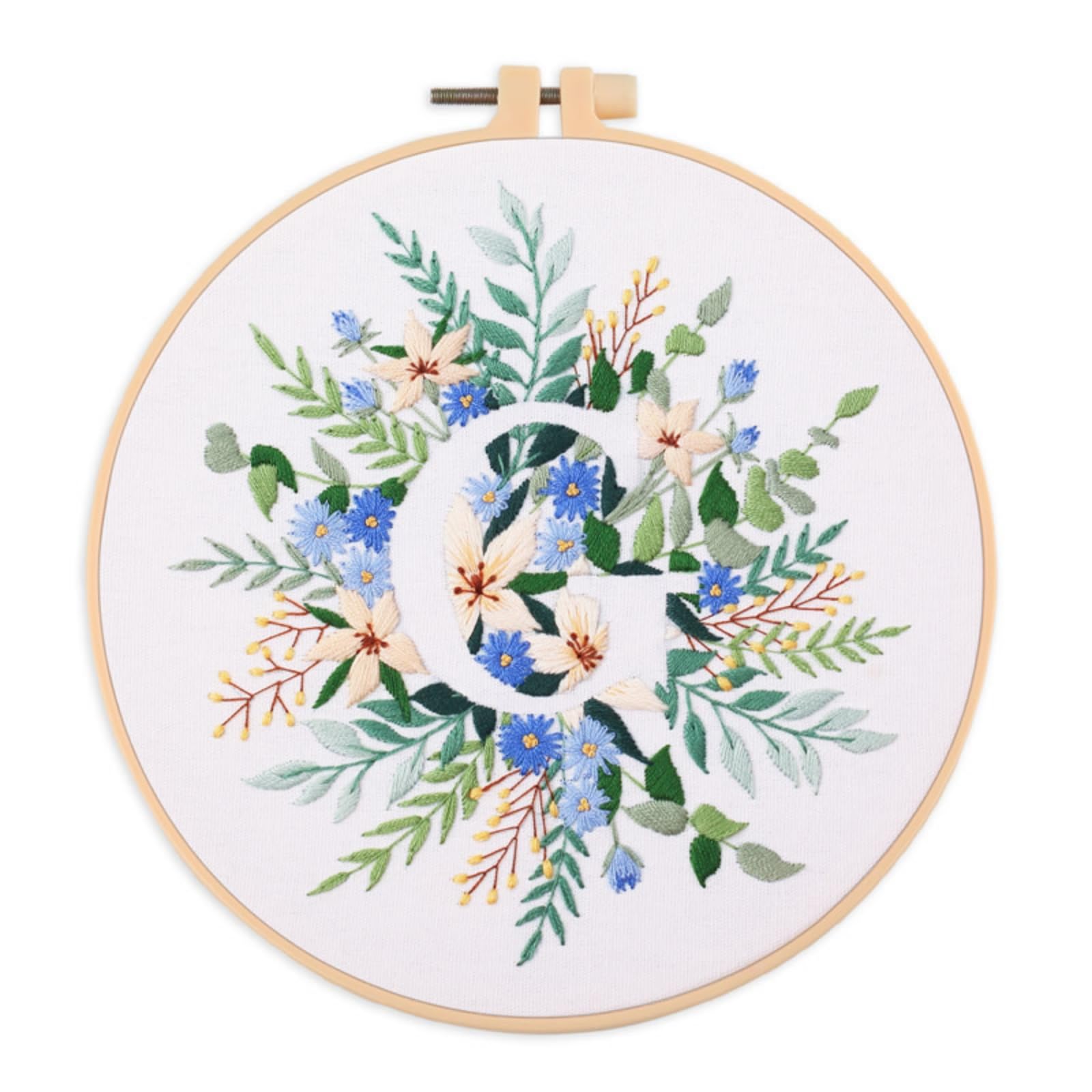 IUHUI Embroidery Kit for Beginners Adults - 26 Floral Letters Easy Patterns, DIY Hand Stitching Embroidery Set with Hoop (Flower and Grass Letter G)