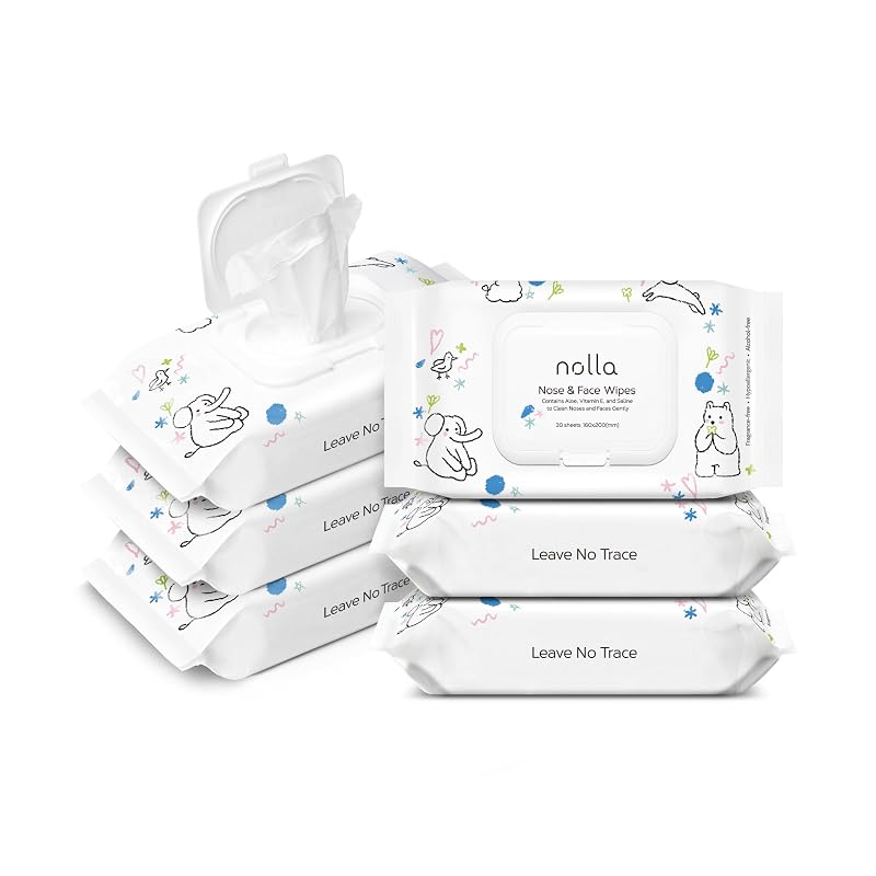 Lenços umedecidos Nolla para nariz e rosto, sem fragrância, com solução salina, vitamina E e aloe vera, compostáveis, 180 unidades