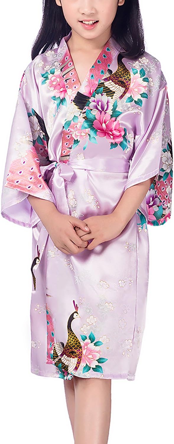 YAOMEI Kid’s Girl’s Dressing Gown Kimono Robe Satin Peacork Blossoms Bathrobe Spa, Swimming Wedding Birthday Nightwear Pyjamas Sleepwear