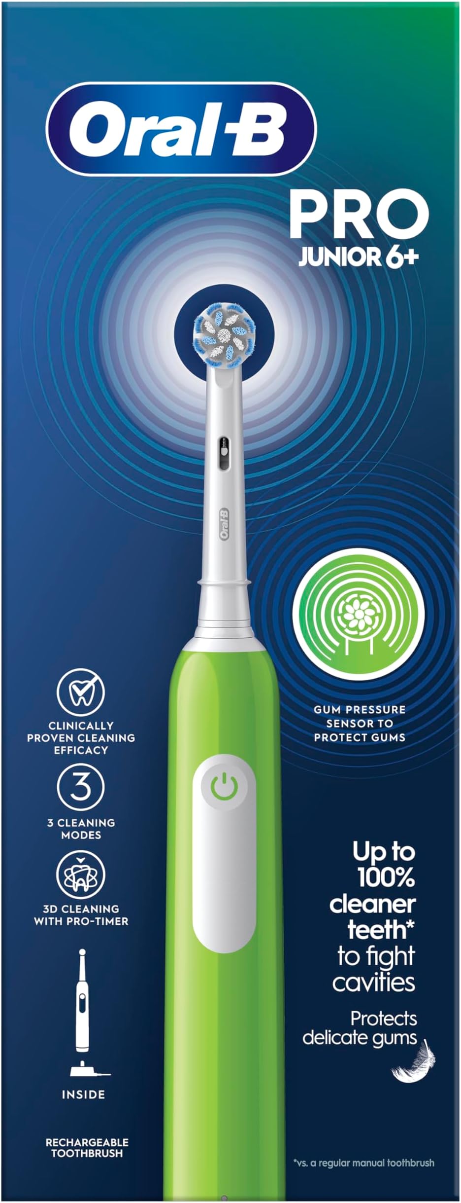 Oral-B Pro Junior Electric Toothbrush, 1 Green Handle, 1 Toothbrush Head, Designed by Braun, for Ages 6+