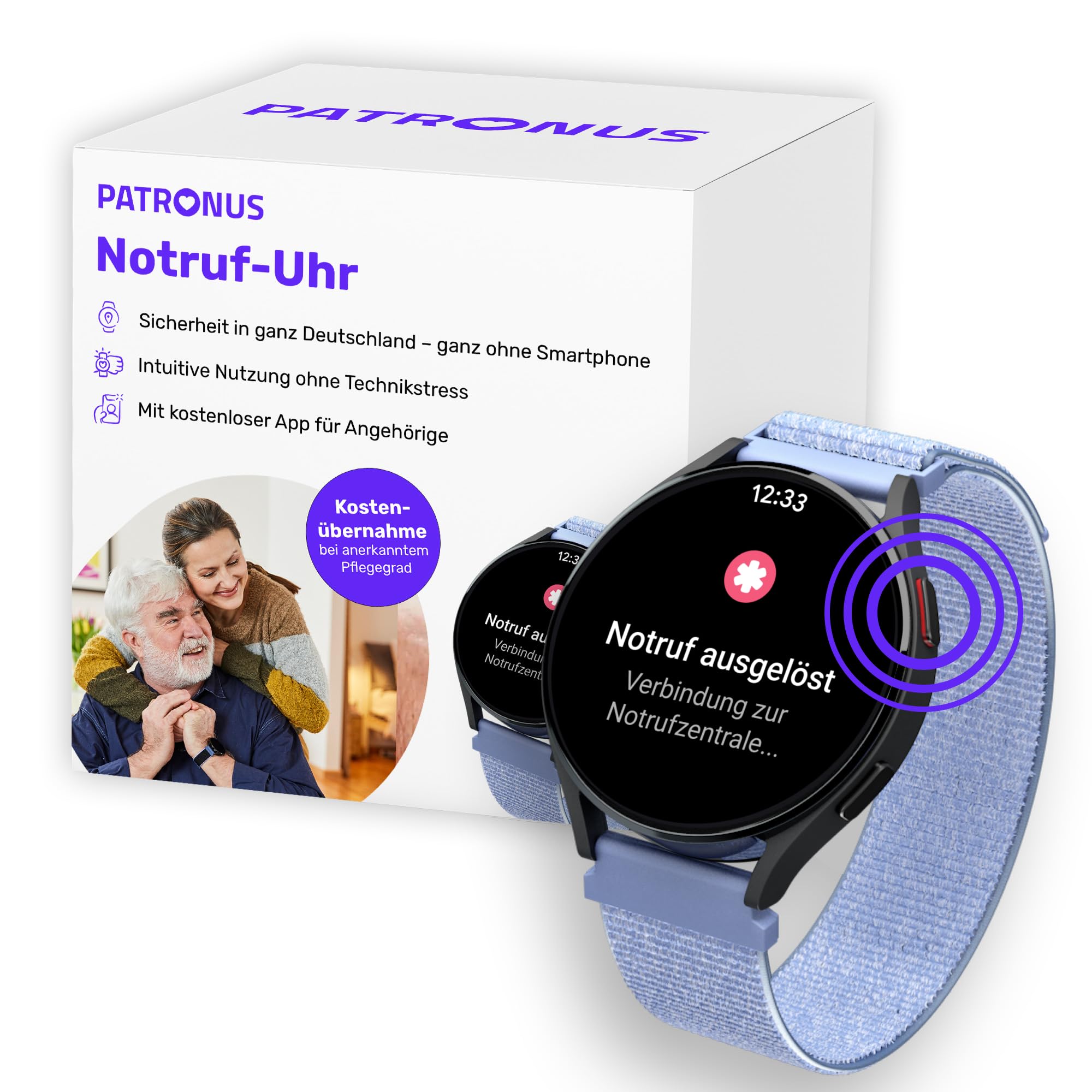 PATRONUS Notrufuhr - für Senioren - Hellblau - mit GPS – ABO notwendig | Manueller SOS-Notrufknopf ohne Sturzerkennung, Notrufarmband, Mobiler Hausnotruf, 24/7 Notrufzentrale, mit App, Pflegegrad