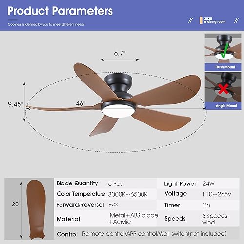 Miniatura 5 de Ventiladores de techo modernos de 46 pulgadas con luces, ventilador de techo de montaje empotrado con luz y control remotoaplicación, 5 cuchillas