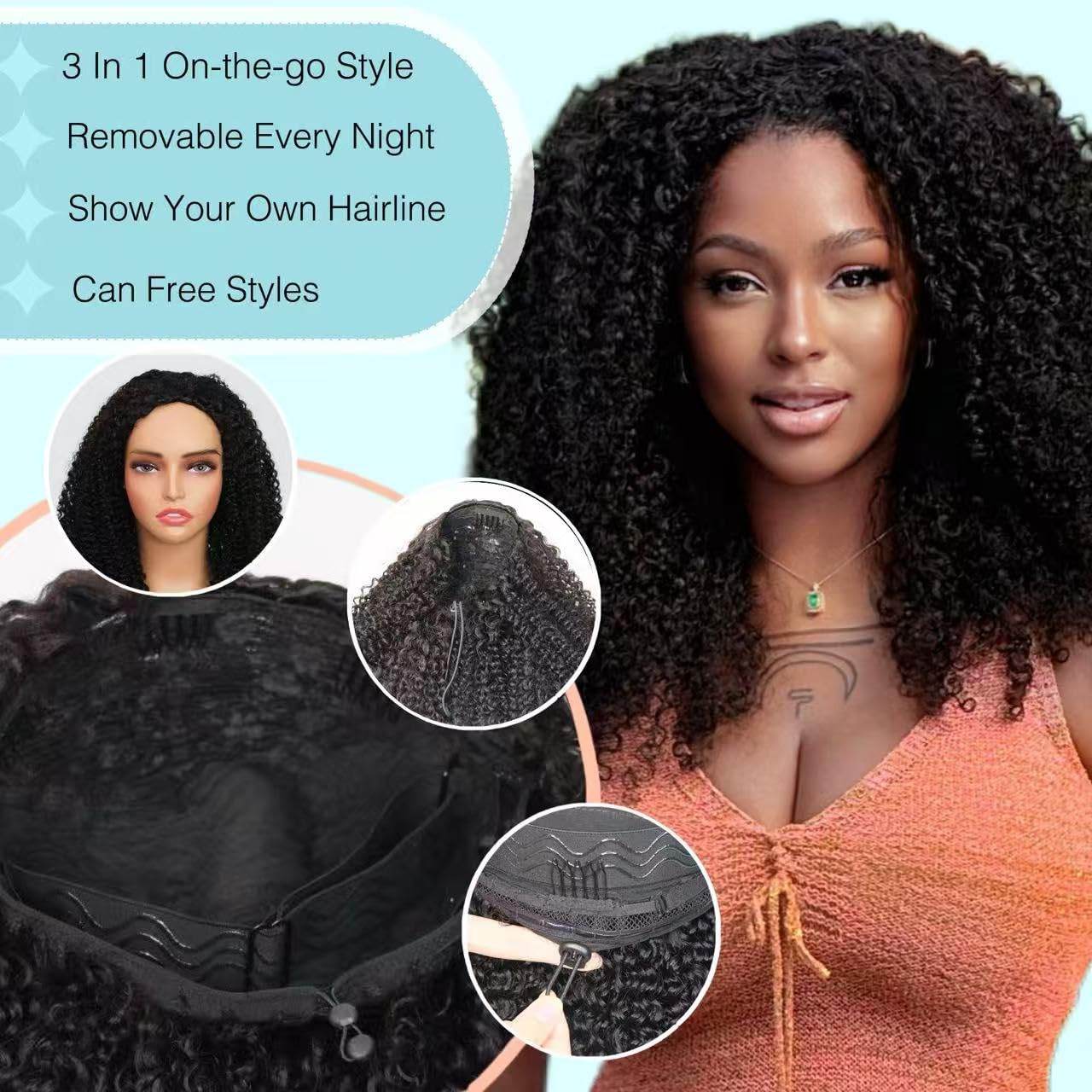 Kinky Curly Half Wig Human Hair Drawstring Seamless Flip Over Half Curly Wig Human Hair Invisible Hairline Glueless Wear and Go Wigs For Black Women Beginner Friendly 18Inch 200% Density