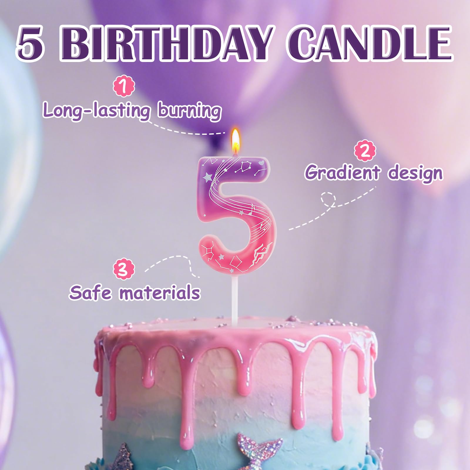 Demon 5 Birthday Candle, Gradient Pink and Purple Number 5 Candle for Kpop Party, 5th Birthday Decorations — view 3