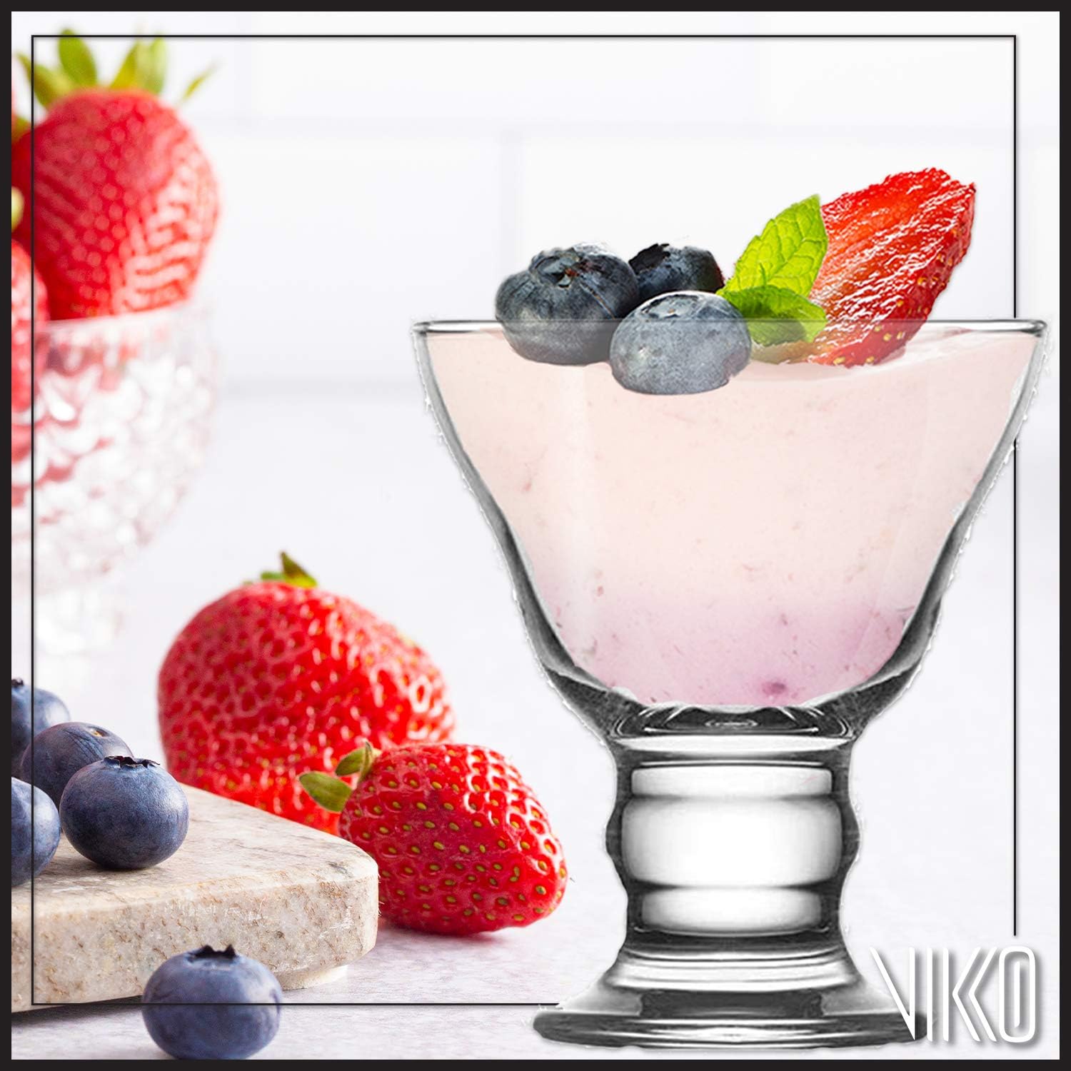 Vikko Sundae Glass Dessert Cups: Orion Bowls – For Parfait, Ice Cream, Pudding, Fruit, and More – Set of 12 Thick Large Dessert Dishes - 8.75 ounces - Dishwasher Safe