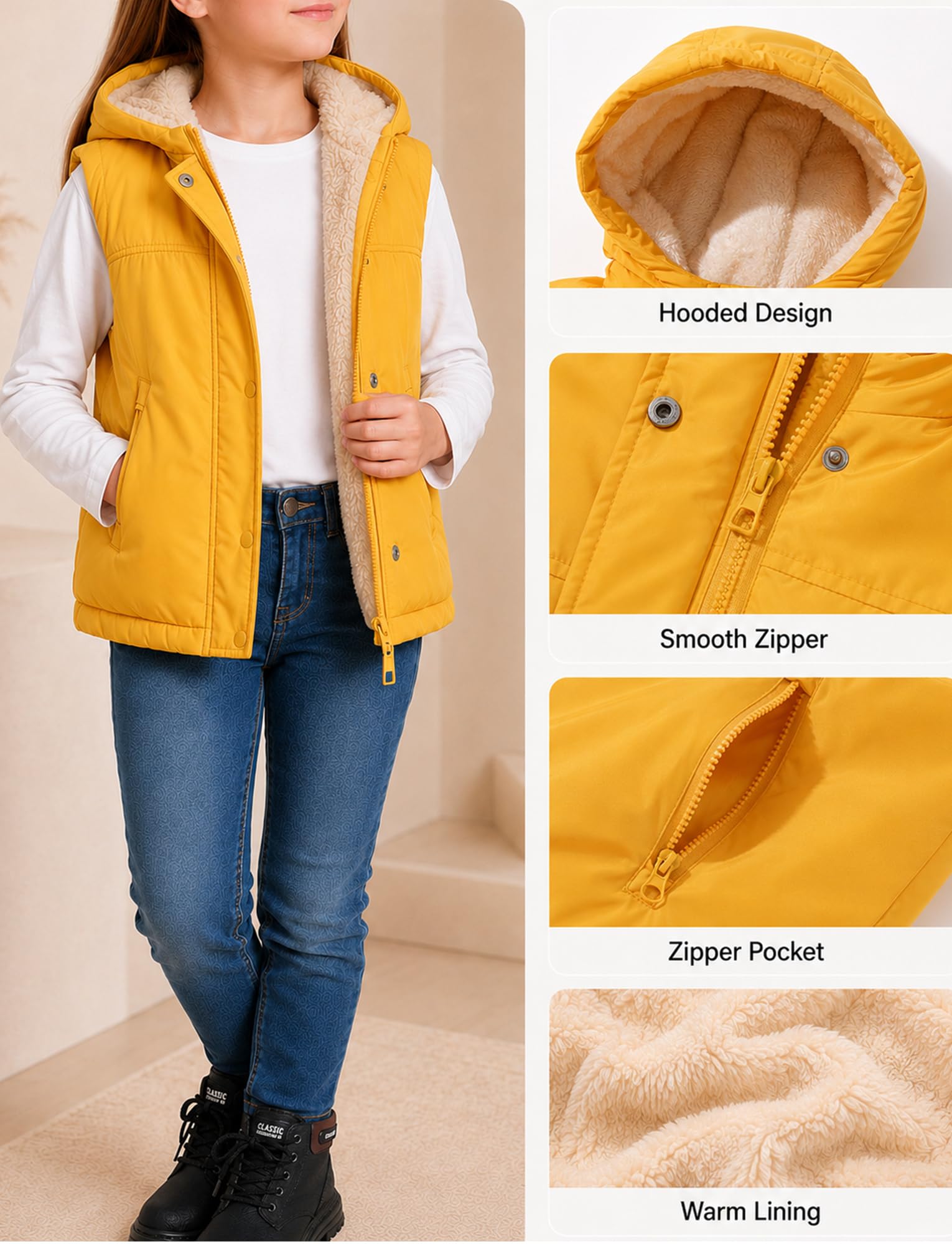 Gilet trapuntato per bambini e bambine, invernale, caldo, foderato in pile, giacca softshell con cappuccio, chiusura lampo, cappotto invernale antivento, senza maniche