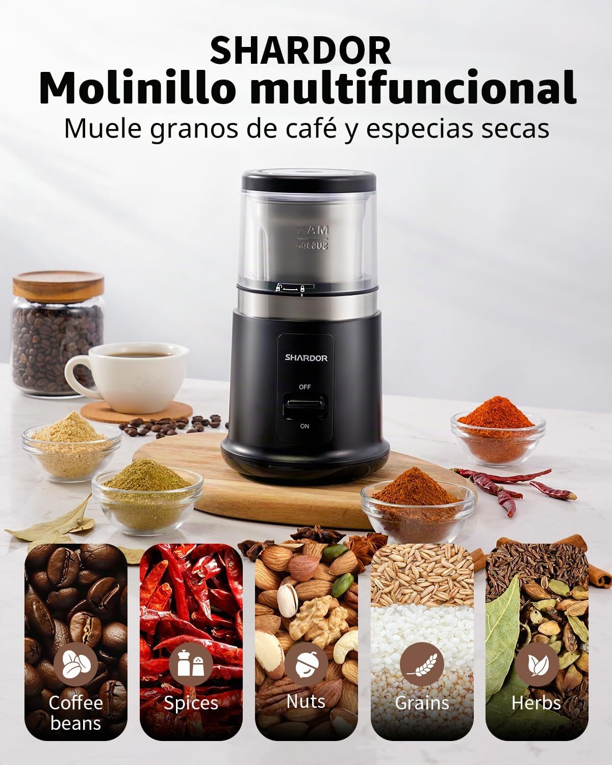SHARDOR One Touch - Molinillo de café eléctrico, especias, hierbas, para granos de café, especias y semillas con 1 cuenco extraíble de acero inoxidable, molinillo seco, negro mate