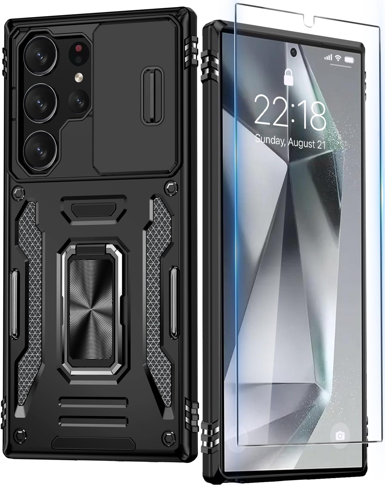 for Samsung Galaxy S24 Ultra Case with Slide Camera Cover + Screen Protector Full Protection , Rotated Ring Kickstand Phone Case, Military Grade Heavy Duty Protective Cases for Galaxy S24 Ultra 6.8"
