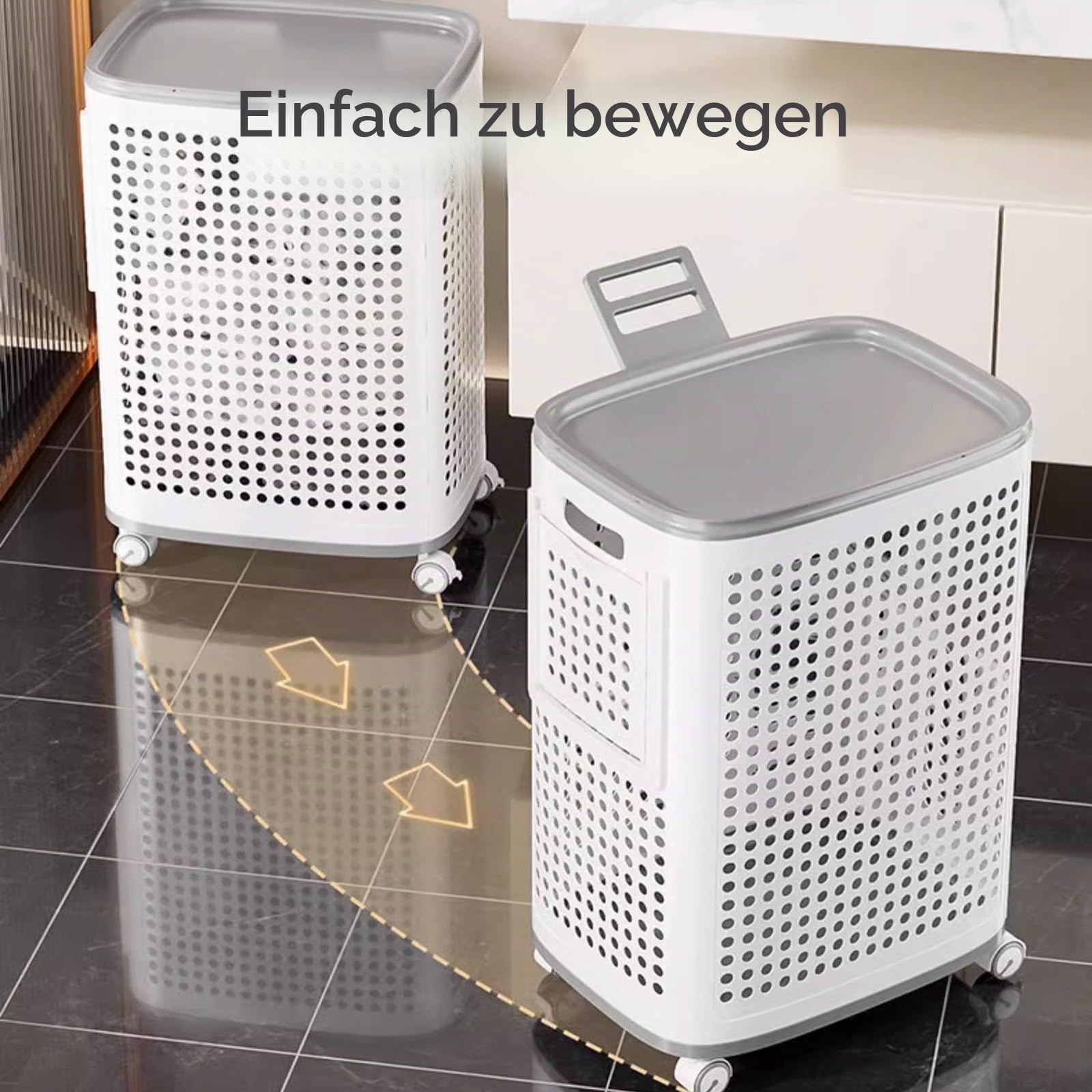 Wäschekorb mit Rollen und Deckel, Leicht zu Bewegen, Hohles Design, Große Kapazität, Wäschekorb Plastik, für Schlafzimmer, Bad, Schlafsaal, Waschküche(43 * 32 * 62CM)