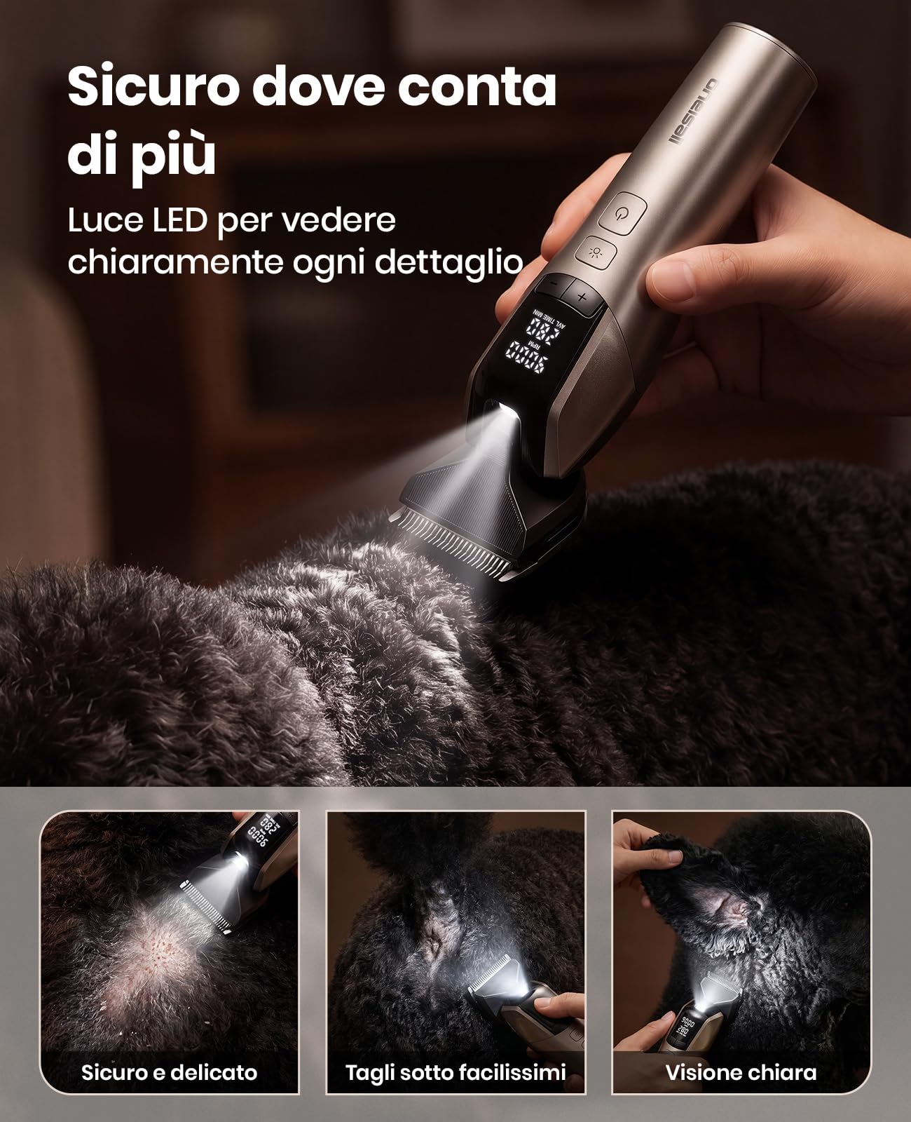 oneisall Tosatrice per Cani Professionale | 9000 RPM 5 velocità per mantelli spessi, lama 5-in-1 DLC, autonomia 280 min, silenzioso, con 8 pettini guida in metallo